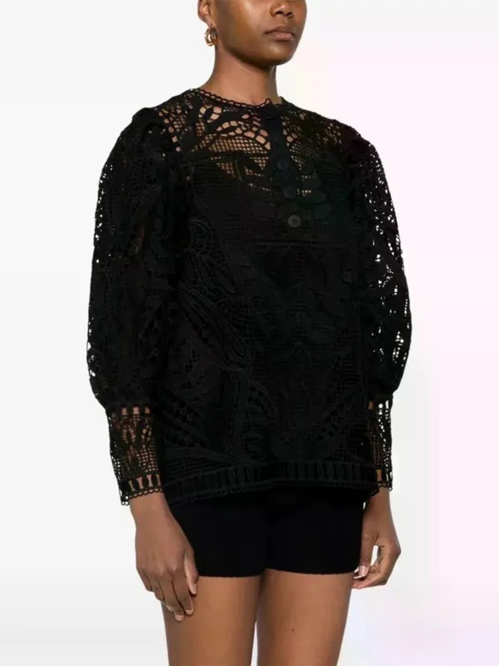 FARM Rio Black Guipure Lace Puff Sleeve Blouse Top Size M Sheer - Picture 2 of 11